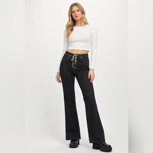 90's Flare Lace Up Black Jeans 28 Street Wear Y2k Grunge No Waist Urban Goth